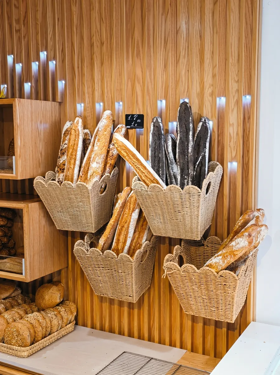 Présentoir de baguettes et pains artisanaux dans la boutique La Cassata à Ganshoren