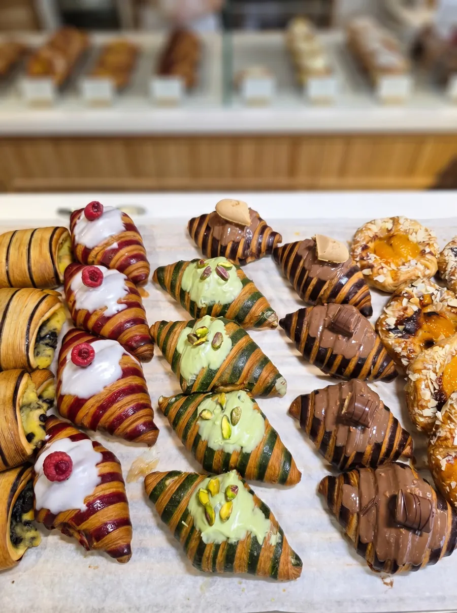 Croissants colorés et viennoiseries créatives — pistache, framboise, chocolat — La Cassata Ganshoren